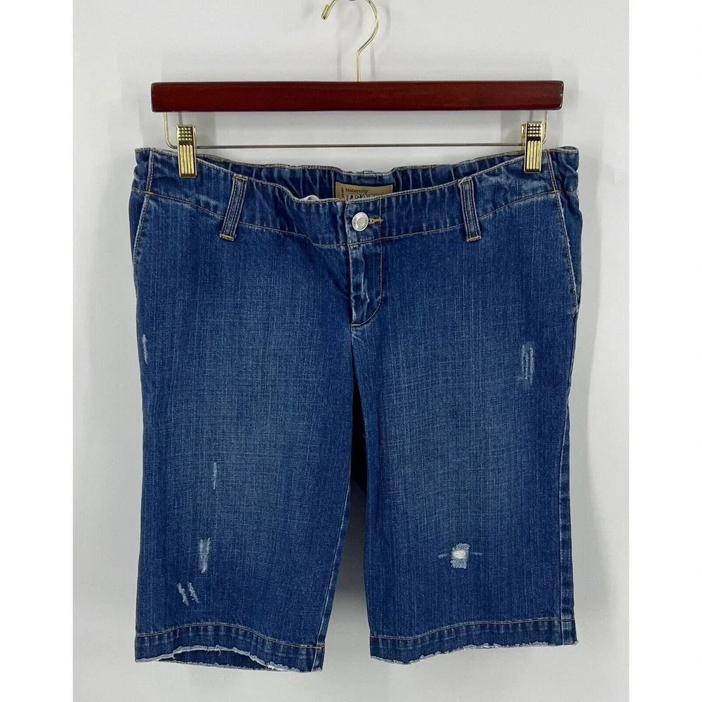 Old Navy Maternity Bermuda Jean Shorts Size 8 Blue Denim Drawstring Waist Womens - Picture 1 of 4